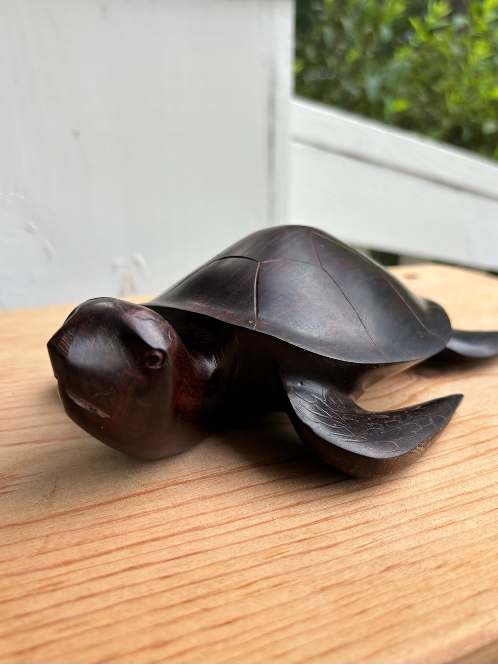 Hand-Carved Wooden Sea Turtle Figurine - Dark Brown- 8” long